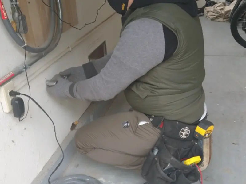 Electrician performing outlet wiring in a Palm Springs garage